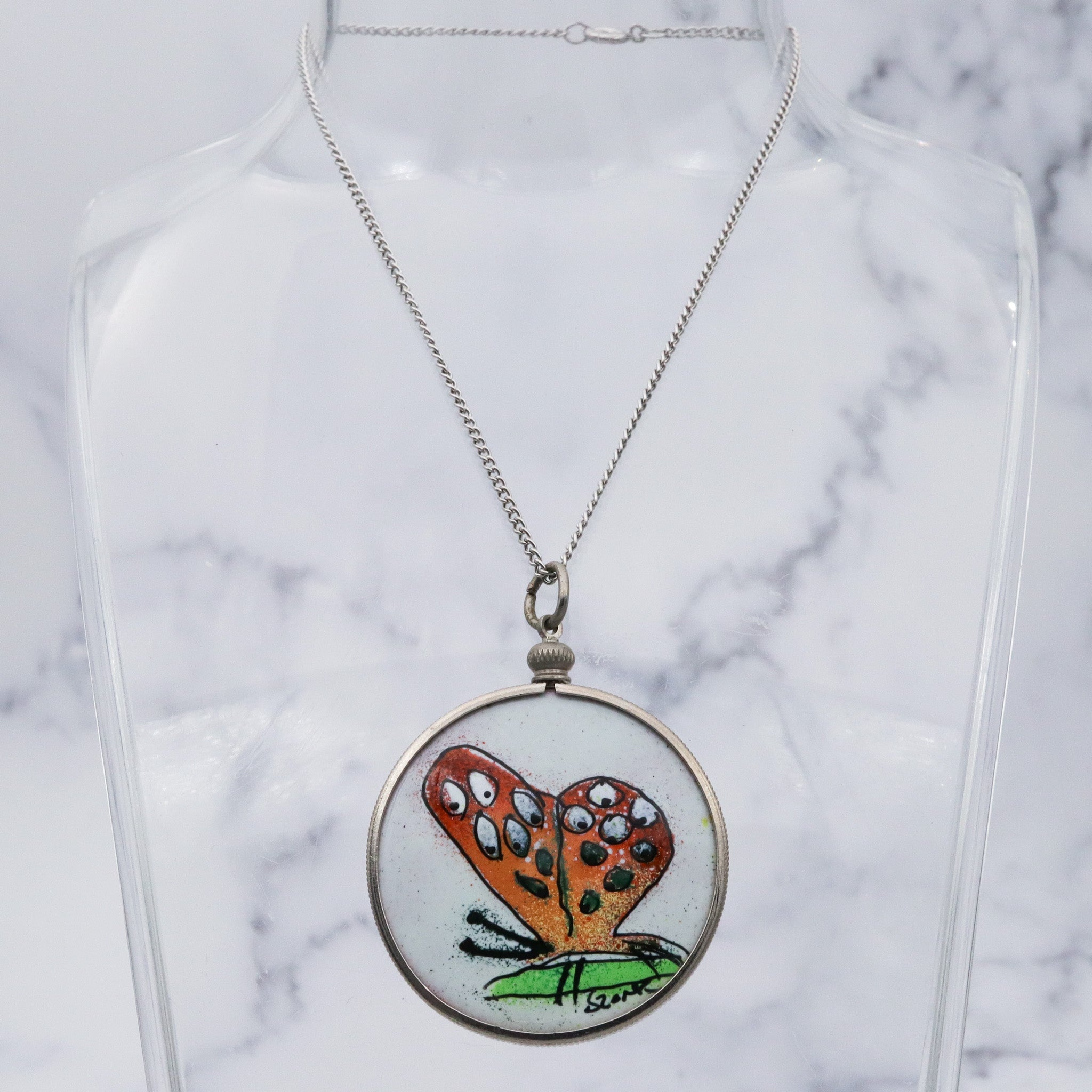 Retro handmade enameled copper double sided medallion pendant with butterfly & flower